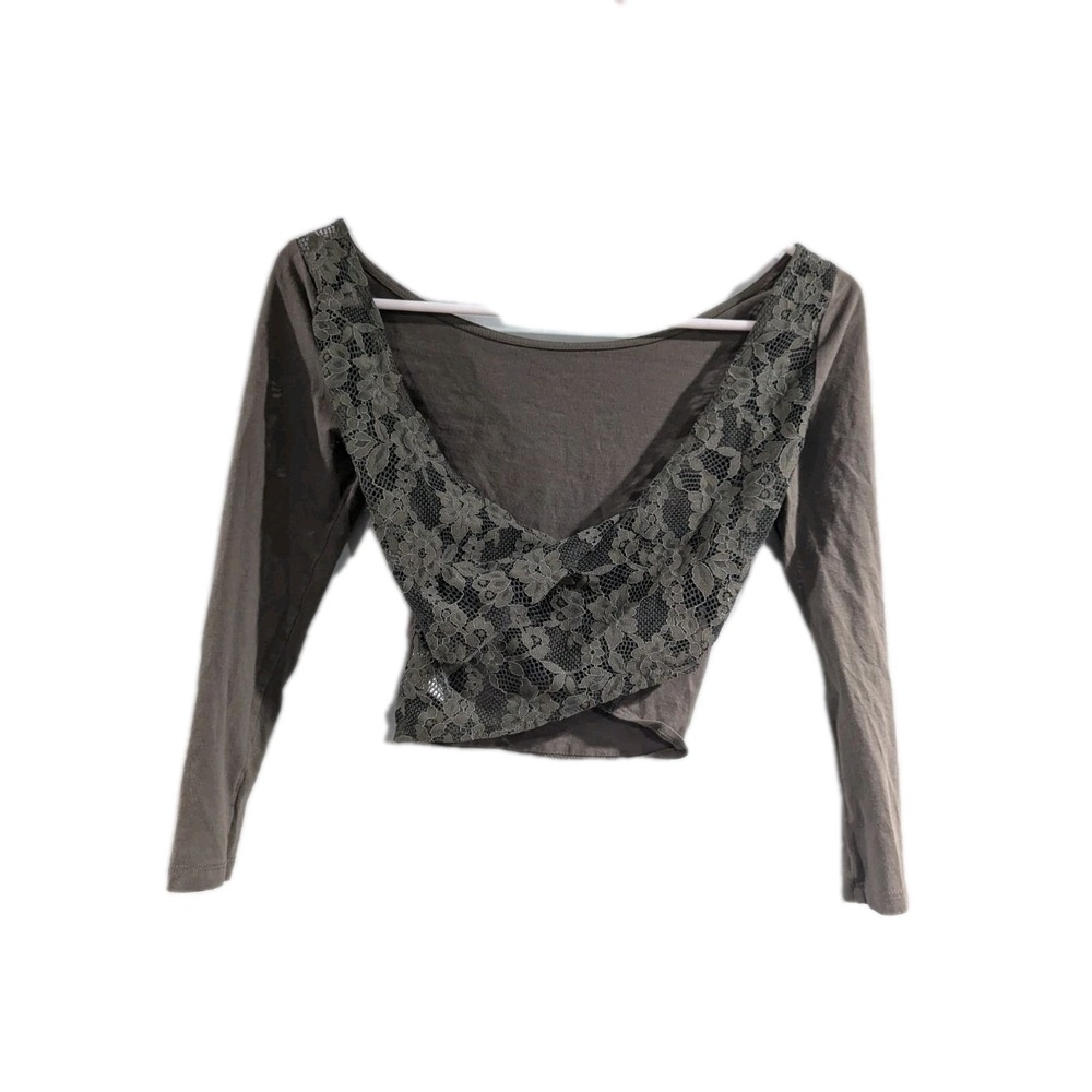 Y2K American Eagle Crop Top Shirt XS Green Boat Neck Lace Back Boho Fairy Cute